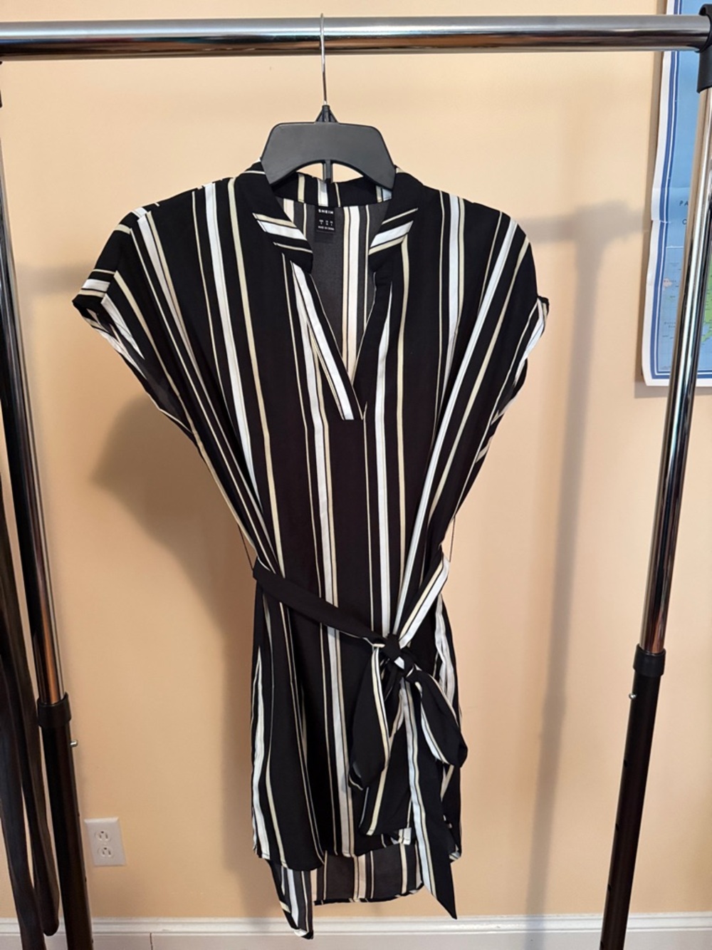 SHEIN Black and White Vertical Stripe Midi Dress with Tie